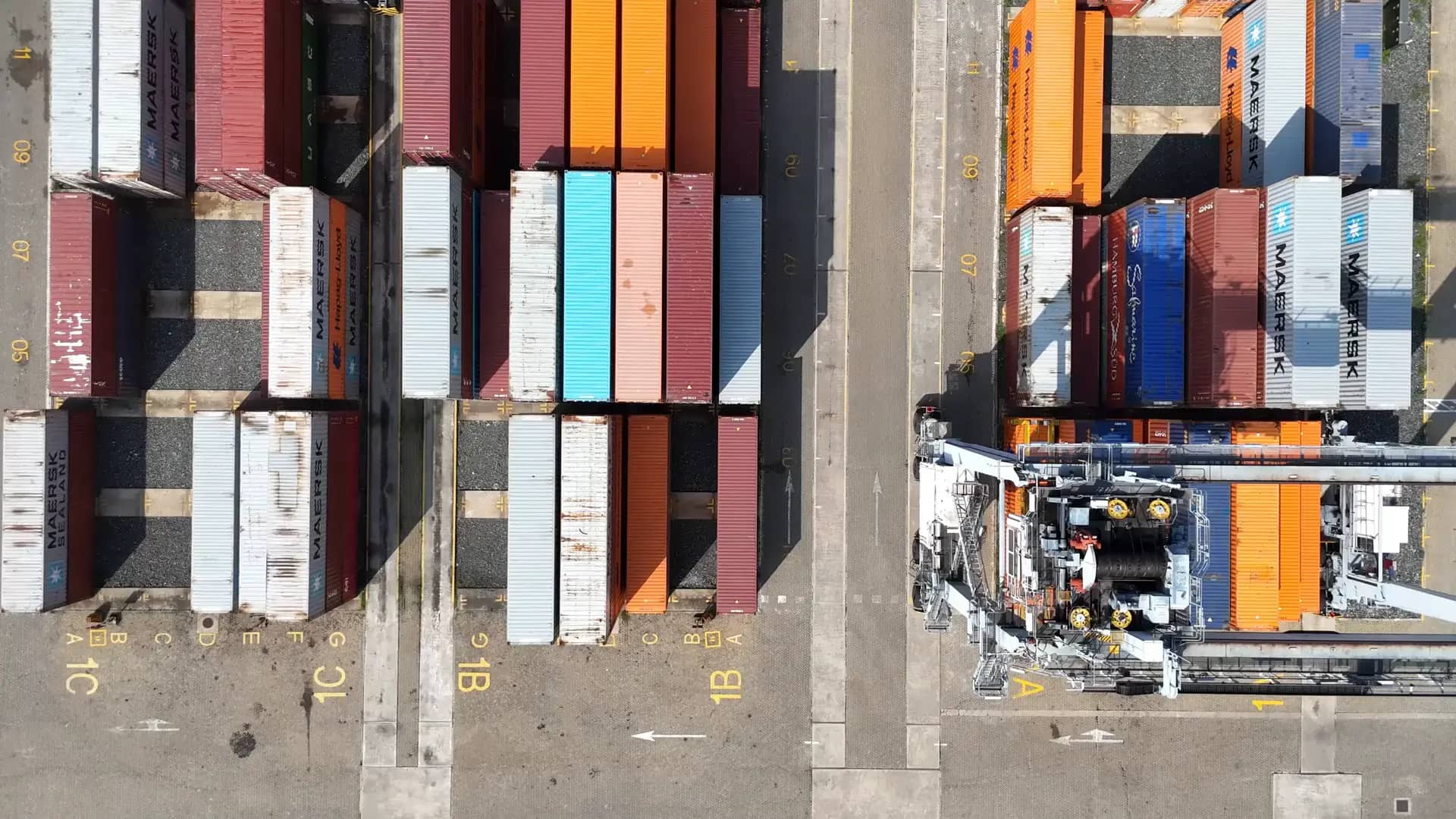 Container stacks at a port seen from above